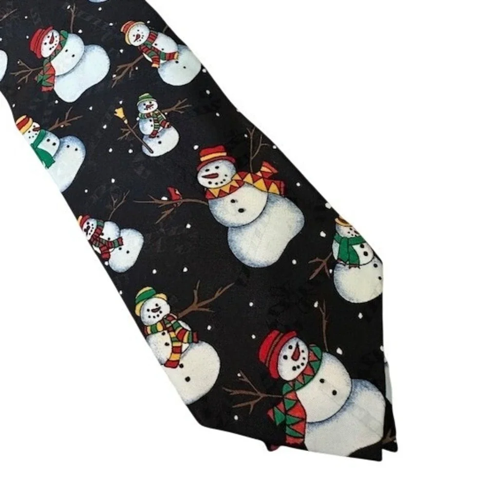 Hallmark Yule Tie Greetings Snowman Christmas Tie Mens Black‎ Holiday Silk Blend